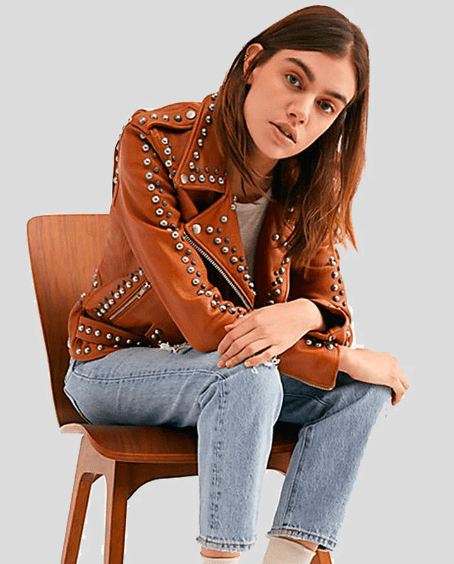 Women's Studded Leather Biker Jacket In Tan Brown