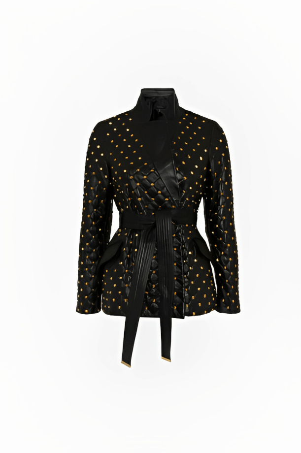 Women's Gold Studded Leather Blazer In Black