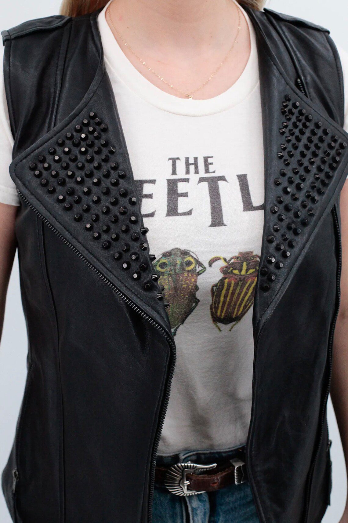 Women's Studded Leather Vest In Black