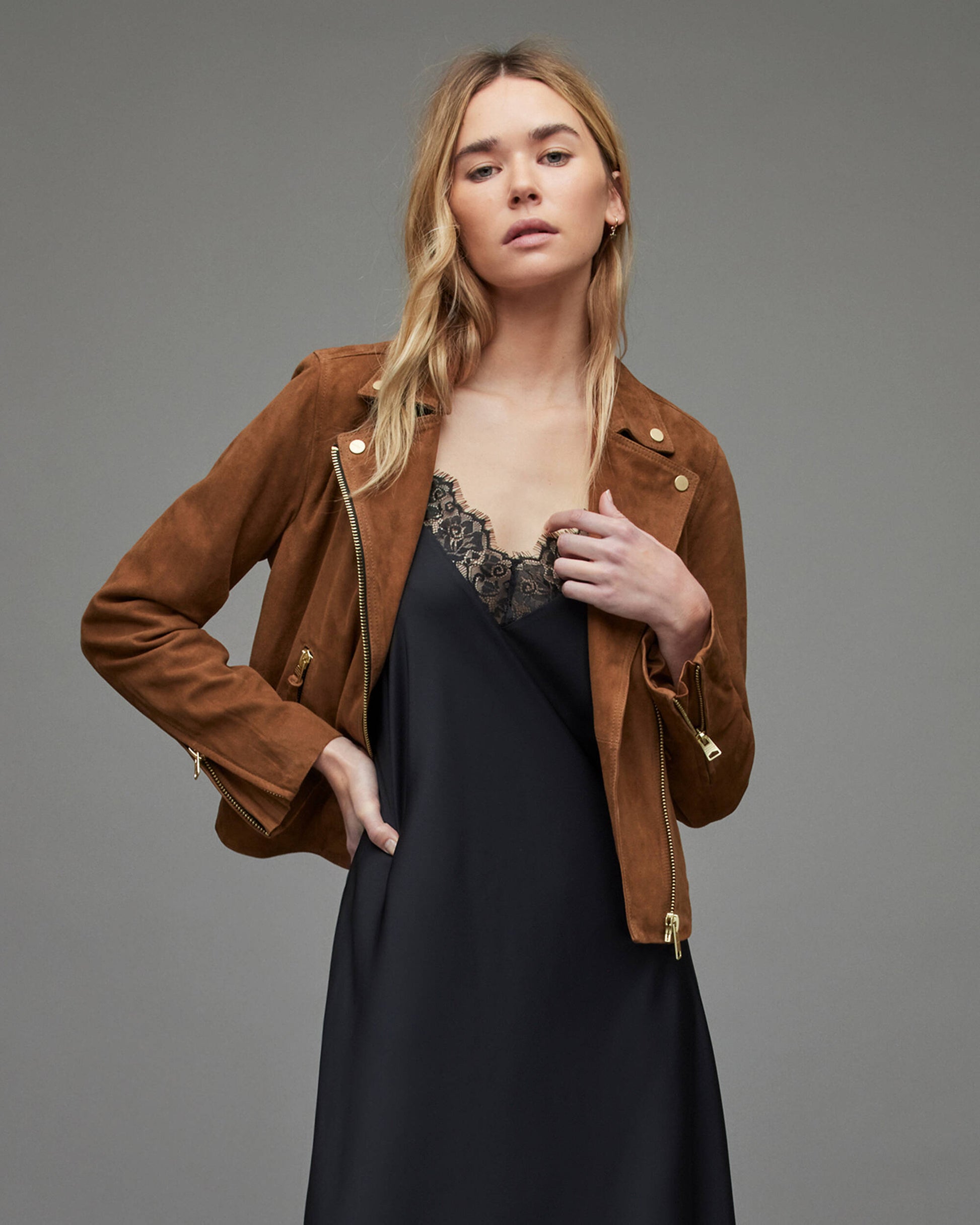 Women's Suede Leather Biker Jacket In Tan Brown