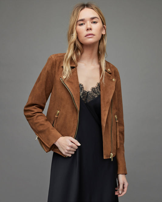 Women's Suede Leather Biker Jacket In Tan Brown