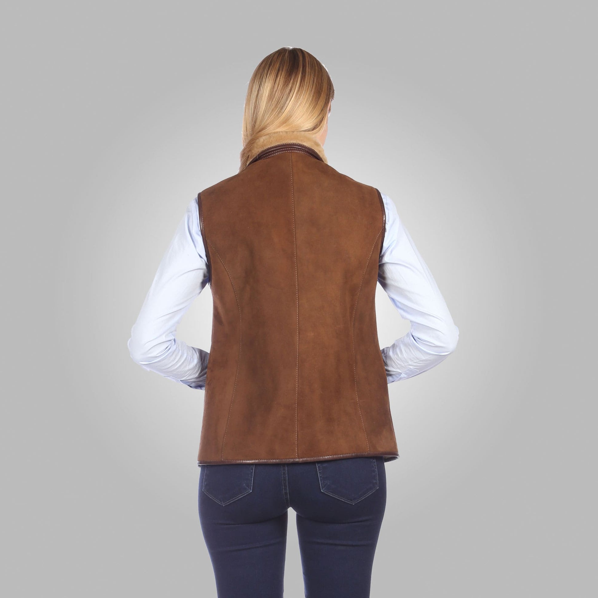 Women's Suede Leather Shearling Vest In Chocolate Brown