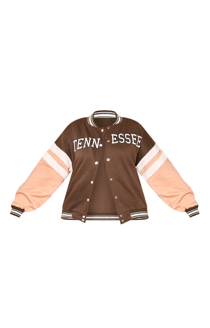 Women's Varsity Bomber Leather Jacket In Brown & Pink Sleeves