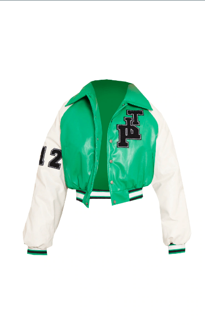 Women's Varsity Bomber Leather Jacket In Green & White Sleeves