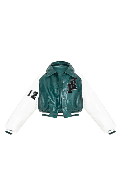 Women's Varsity Bomber Leather Jacket In See Green & White Sleeves